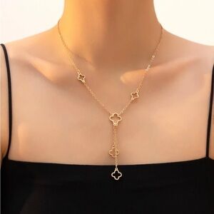 Gold Clover Charm Lariat Necklace